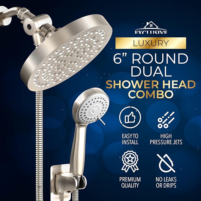 Shower Head With Handheld Combo, 6 Inch High Pressure Rainfall Showerhead With Hand Held 70 Inch Hose for Bath - Adjustable Swivel Shower Head Spray Anti-leak Nozzles - Universal Fit