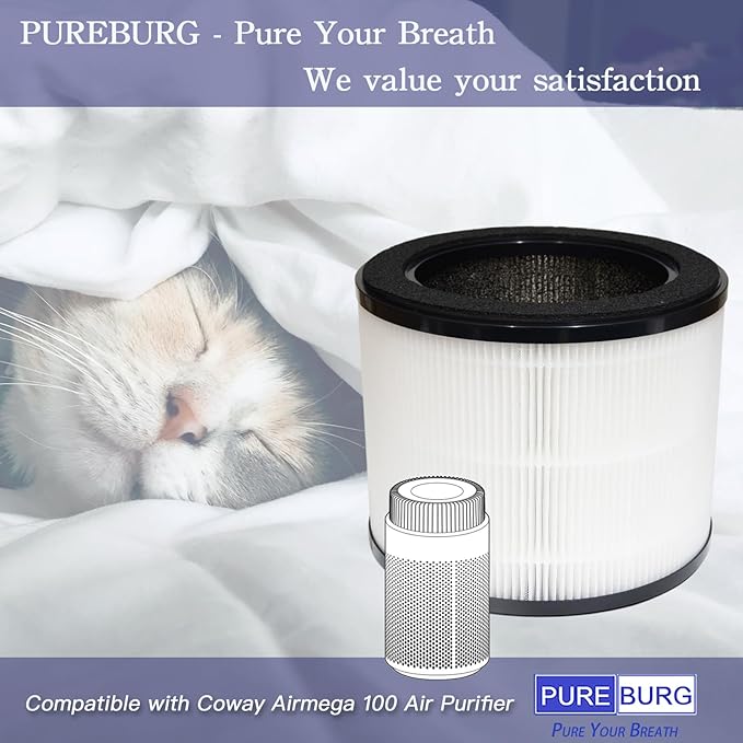 PUREBURG Replacement Filter Compatible with Coway Airmega 100 Air Purifier,2-Pack H13 HEPA Activated Carbon 2-in-1 3-Stage Filtration Air Clean Dust VOCs Odor