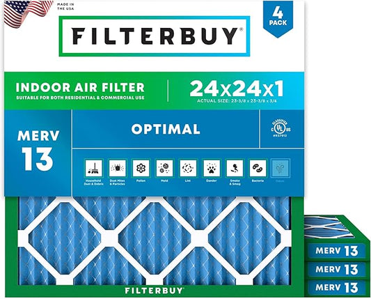 Filterbuy 24x24x1 Air Filter MERV 13 (MPR 1900) Health Defense Replacement (4-Pack), Electrostatic Pleated HVAC AC Furnace Filters, Made in USA (Actual Size: 23.38 x 23.38 x 0.75)