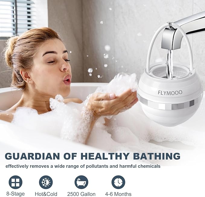 Bath Filter for Tub Faucet - 8 Stages Bathtub Water Filter Reduces Contaminants for Softer, Smoother Skin - 2,500 Gallons of Filtration, BPA Free (White)