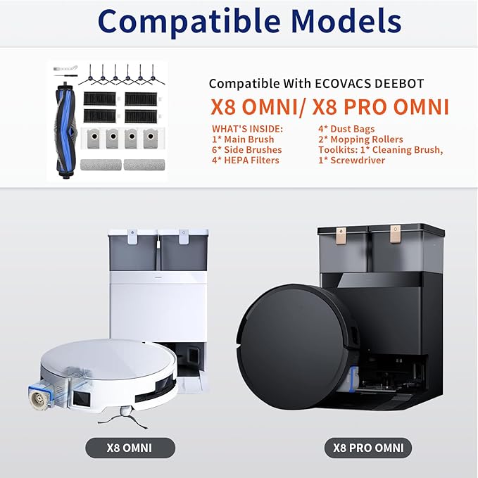 17 Pcs Accessories for ECOVACS DEEBOT X8 PRO OMNI Robot Vacuum Cleaner, Replacement Parts Main Brush, Side Brush, Washable Filter, Mopping Roller, Dust Bag