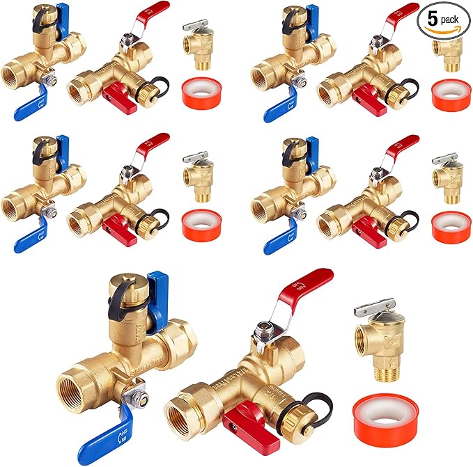 3/4 Inch GUOFIS IPS Tankless Water Heater Valve Kit with Pressure Relief Valve(3/4"FIPx 3/4" FIP),5 Set Water Heater Valve Kit