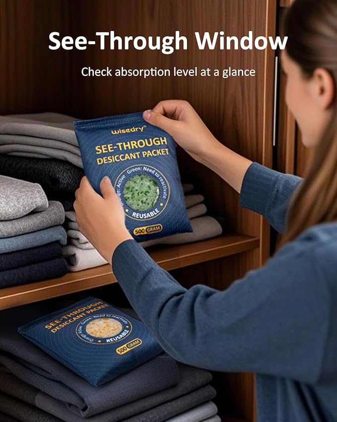 wisedry 500GX2 See-Through Silica Gel Packets, Color-Indicating Desiccant Packs for Storage, Reusable Safe Dehumidifier, Heat Resistant Dehumidifier Bags