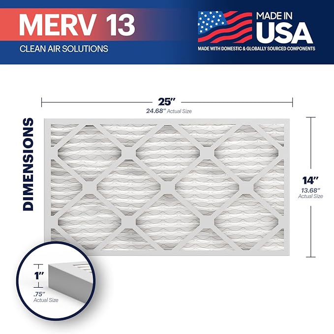 BNX TruFilter 14x25x1 Air Filter MERV 13 (4-Pack) - MADE IN USA - Electrostatic Pleated Air Conditioner HVAC AC Furnace Filters for Allergies, Pollen, Mold, Bacteria, Smoke, Allergen, MPR 1900 FPR 10