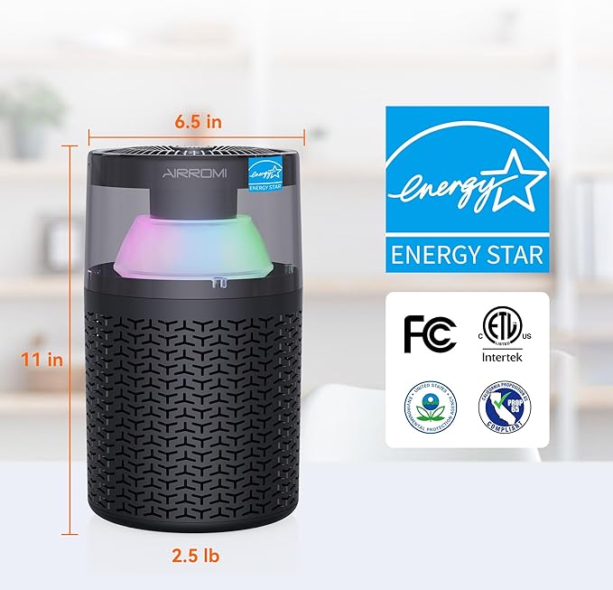 AIRROMI Air Purifiers for Bedroom Home,Up to 658 Ft²,Activated Carbon Filter Cleaner,With Fragrance Sponge for Better Sleep,Night Light,Pet Dander,Allergies,Smoke,Odor,Desktop Air Cleaner A2002 Black