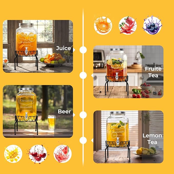 Glass Beverage Dispenser with Stand and Lid, One Pack-2 Gallon with Spigot - Glass Drink Dispensers for Parties, Wedding, Ideal for Juice, Beer, Ice Tea