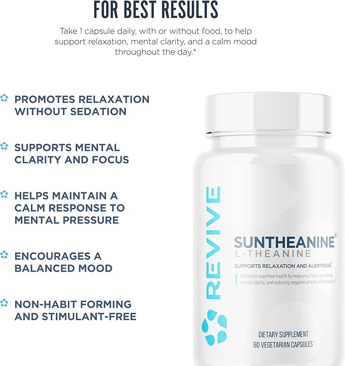 Revive MD Suntheanine L-Theanine Supplement for Men and Women - Supports Fatigue & Brain Function for Calm Mood, Mental Clarity, Focus & Relaxation - Vegan & Gluten-Free - 60 Vegetarian Capsules