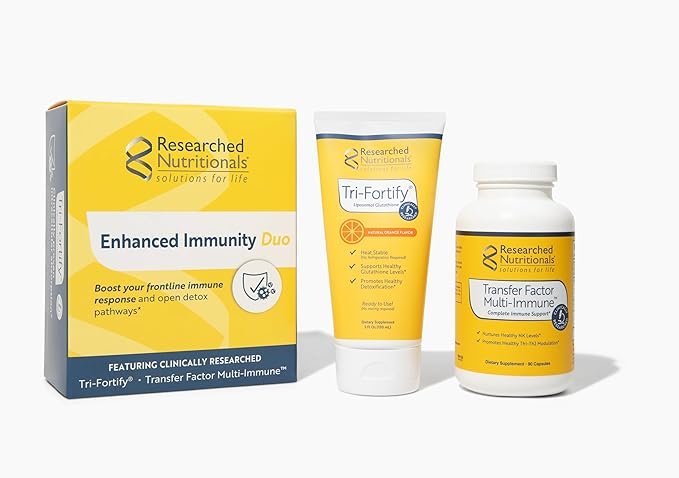 Researched Nutritionals Liposomal Glutathione (450mg) + Colostrum & Mushrooms Supplement for Immune Support - Enhanced Immunity Duo - Tri-Fortify Orange + Transfer Factor Multi-Immune (2 Piece Set)