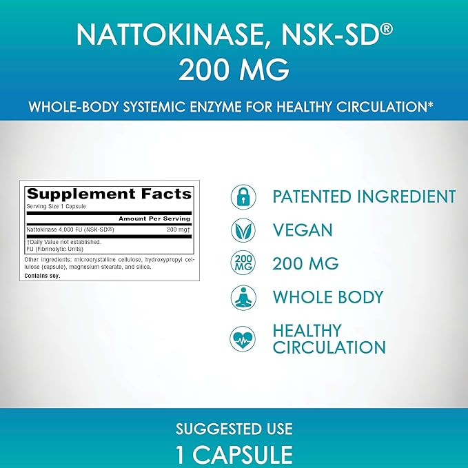 Source Naturals NSK-SD, Nattokinase, Vegetarian Friendly, Whole Body Systemic Enzyme for Healthy Circulation*, 200 mg - 60 Vegetarian Capsules