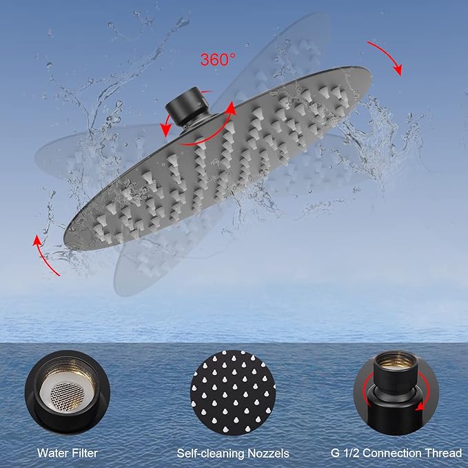 HarJue Filter Shower Head, High Pressure 8 Inch Rainfull with Filter Combo for Hard Water, Remove Chlorine Fluoride and Harmful Substances- 1 Replaceable Filter Cartridge (Round, Matte Black)