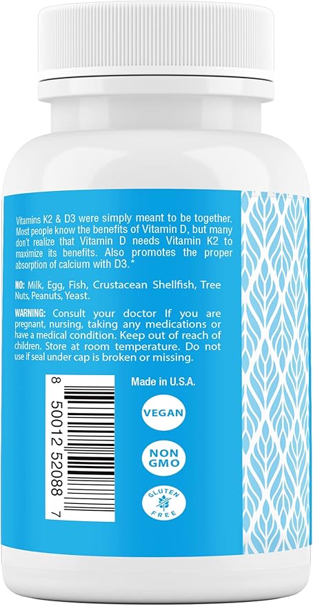 Safrel Vitamin K2 (MK7) 120 MCG and D3 5000 IU Supplement per Capsule, Supports Calcium Absorption for Bone, Immune and Heart Health, Easy to Swallow K2 and D3, Non-GMO, 120 Count
