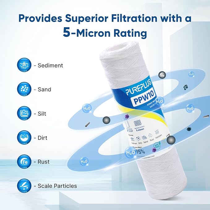 PUREPLUS 5 Micron 10"x2.5" Whole House String Wound Sediment Filter for Well Water, Replacement Cartridge for Universal 10 inch RO System, WP-5, Aqua-Pure AP110, CFS110, Culligan P5, WFPFC4002, 6Pack