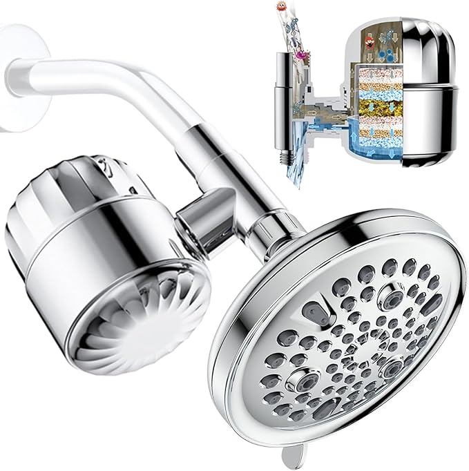 6" Filter Shower Head for Hard Water, 9 Setting Mode Shower Heads with Filters, Round Detachable Shower Head with Filter and Extra Replacement Filters, Chrome