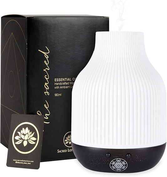 Essential Oil Diffuser Lamp, White Ceramic + Black Wood, Ultrasonic 180ml Whispersoft, 4 Timers | 5 Light Settings, Auto Shut Off, Home + Office, Humidifier Air Purifier Aromatherapy