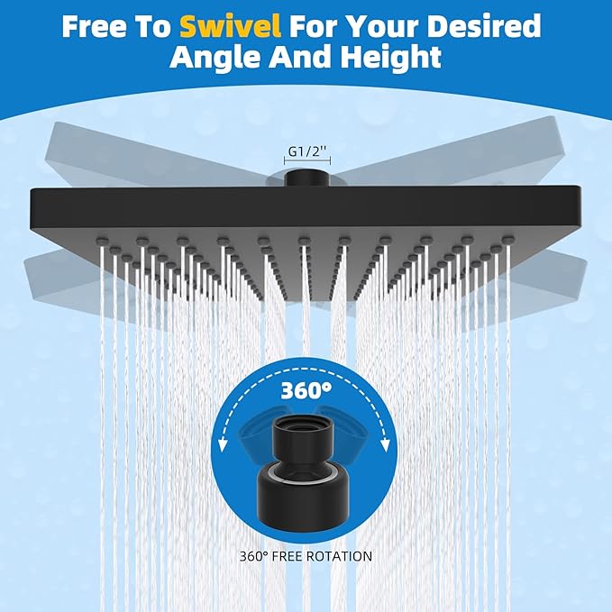 Hibbent Thickness Metal Rain Shower Head, 8 Inch High Pressure Rainfall Shower Head, Square Bathroom Waterfall Shower Heads, High Flow Fixed Showerheads with Adjustable Brass Ball Joint, Matte Black