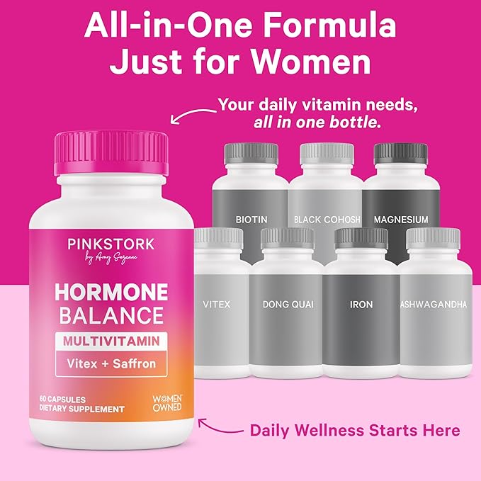 Pink Stork Hormone Balance Multivitamin - 18-in-1 Daily Vitamin with Adrenal and Cortisol Support - Mood, Stress, Energy Support - Perimenopause, PMS and Period Relief - Vitex + B-Complex + Saffron