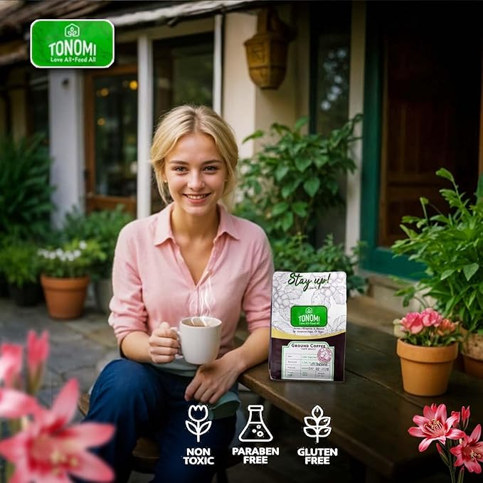 Tonomi Stay Up! Dark Roast Ground Coffee - All Natural Blend with Hint of Vanilla, Chocolate & Caramel - Coarse Grounds for Cold Brew or Traditional Brewing - Caffeine Packed, 12oz