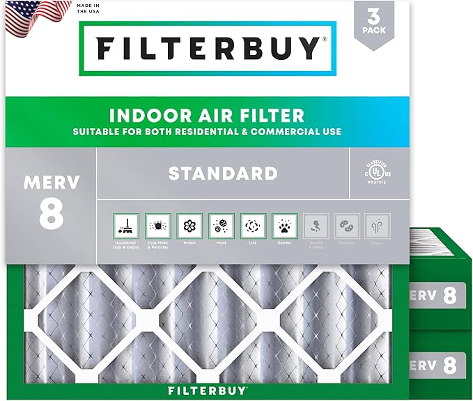 Filterbuy 24x24x4 Air Filter MERV 8 Dust Defense (3-Pack), Pleated HVAC AC Furnace Air Filters Replacement (Actual Size: 23.38 x 23.38 x 3.63 Inches)