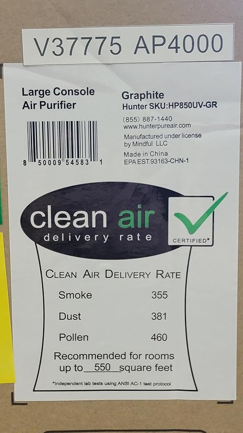 Hunter HP850 Air Purifiers for Home Large Room and Bedroom. True HEPA Air Purifier for Pets, Odors, Allergens, Smoke, Dust. 4 Fan Speeds, Quiet Sleep Mode, UV Mode. Filters 2585 Ft² per hour. Graphite