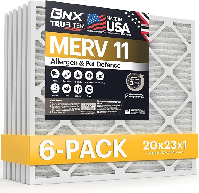 BNX TruFilter 20x23x1 Air Filter MERV 11 (6-Pack) - MADE IN USA - Allergen Defense Electrostatic Pleated Air Conditioner HVAC AC Furnace Filters for Allergies, Dust, Pet, Smoke, Allergy MPR 1200 FPR 7