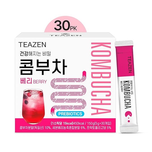 TEAZEN Berry Kombucha Tea, Hydration Drink Mix, Sugar Free, Live Probiotics & Prebiotics, 30 Sticks, 5.29oz