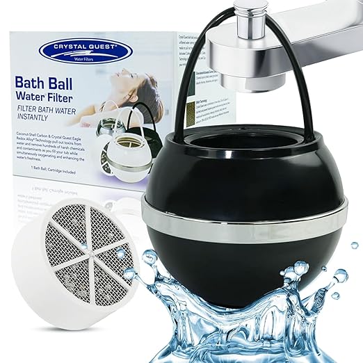 Crystal Quest Bath Ball Water Filter for Bathtub - 3-Stage Filtration, Removes Chlorine, Chloramine & Byproducts, 2,500 Gallons, BPA Free, pH Balanced Water, Fits Most Tubs, Easy Install - Black