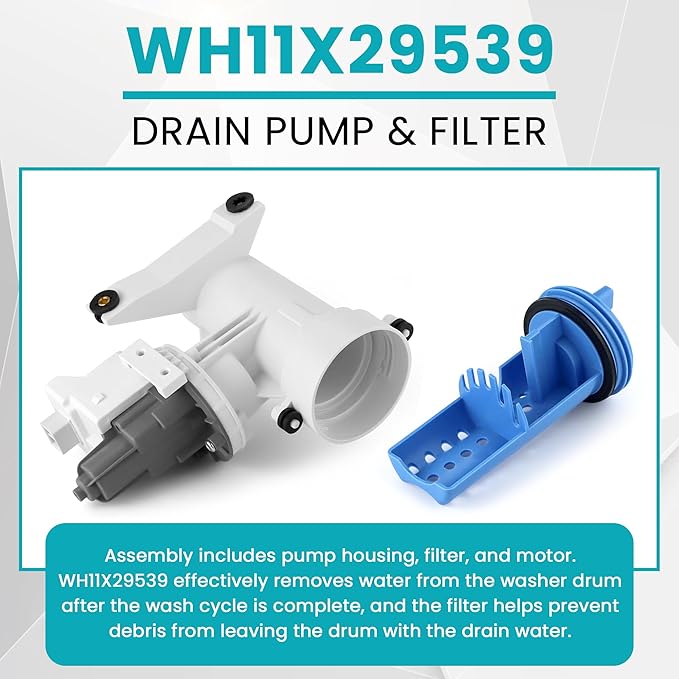 WH11X29539 AP6986715 Drain Pump and Filter Replacement Fit for GE Front Load Washers gfw550spn2dg Replaces B25-3A04, 4962370, EAP16217203, PD00065822, PS16217203 by AMI PARTS (1-year QA)