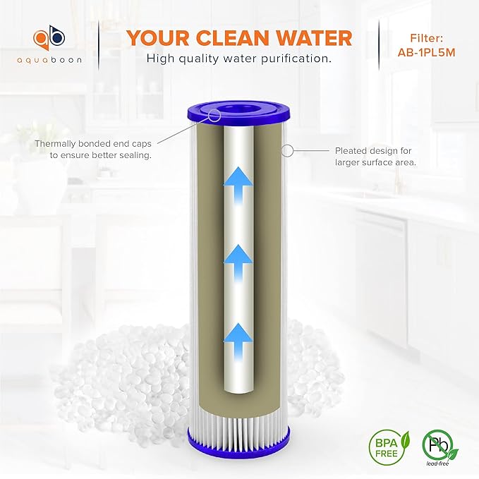 Aquaboon 5 Micron 10x2.5 Whole House Pleated Sediment Filter Cartridge for Well Water Filter Replacement Compatible with WFPFC3002, WHKF-WHPL, 6-Pack