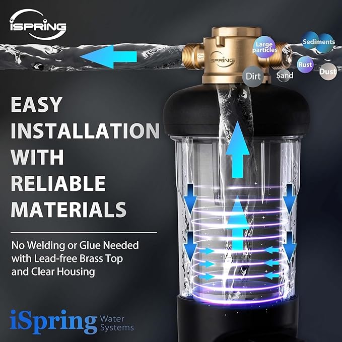 iSpring WSP100ARJ Spin-Down Sediment Water Filter, Upgraded Jumbo Size, Large Capacity, Reusable with Touch-Screen Auto Flushing Module, Brass Top Clear Housing, 100 Microns