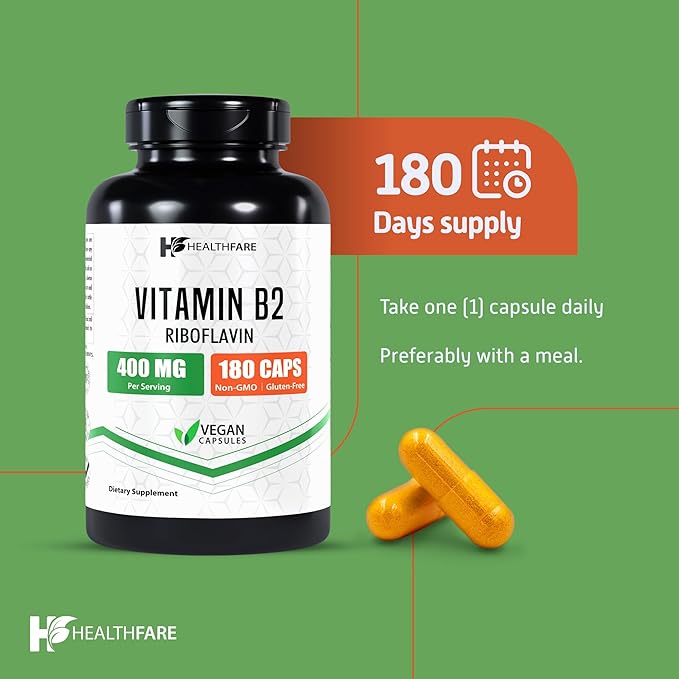 Vitamin B2 Riboflavin 400mg | 180 Veg Capsules | Supplement | Gluten-Free | Non-GMO