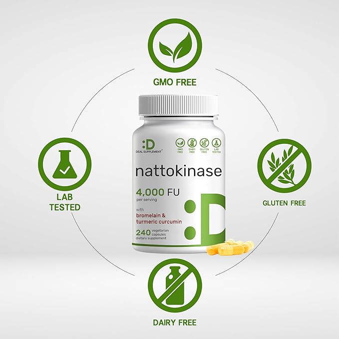 Nattokinase Supplement 4,000 FU Per Serving, 240 Veggie Capsules – Japanese Natto with Bromelain, Turmeric Curcumin & Black Pepper Complex – Digestive Enzymes & Heart Health – Non-GMO, Vegan