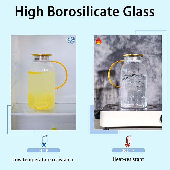 2 PACK Glass Pitcher with Lid and Handle,68 oz/ 2 Liter Vertical Stripes Water Pitcher,Glass Water Carafe for Fridge,Hand Blown Heat Resistant Borosilicate Water Jug for Hot/Cold Drinks,Gifts