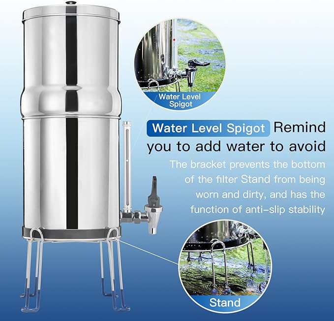 Gravity-fed Water Filter System, Reduces Lead and up to 99% of Chlorine, NSF/ANSI 42&372 Standard, with 2 Black Carbon Filters and Metal Water Level Spigot and Stand, 2.25G Countertop System