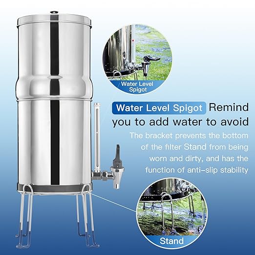 Gravity-Fed Water Filter System, NSF/ANSI 42&372 Standard, 2.25G Stainless-Steel Countertop System with 2 Black Elements, 2 Fluoride, Metal Water Level Spigot, Reduces Fluoride and Chlorine