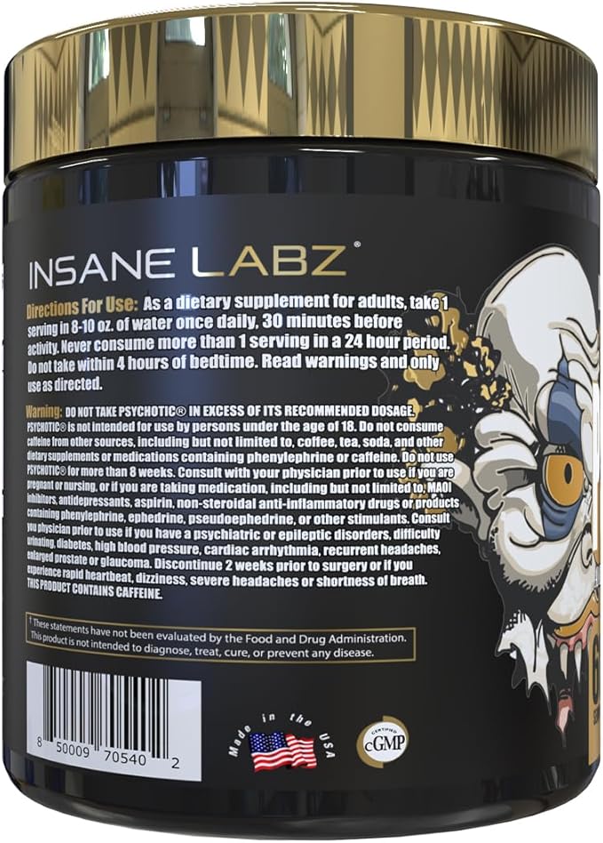 Insane Labz Psychotic Gold, High Stimulant Pre Workout Powder, Extreme Lasting Energy, Pumps and Endurance with Beta Alanine, DMAE Bitartrate, NO Booster (60 Servings, Fruit Punch)