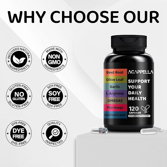 ACAPPELLA Beetroot, Olive Leaf, Garlic, L-Arginine, Omega-3, Morinaga, Nattokinase Supplements, Beetroot Capsules with Vitamin Complexes (1)