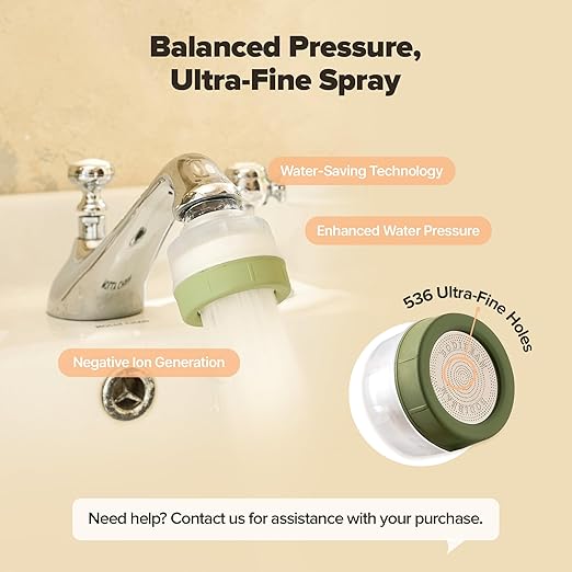 Water Filter for Sink Faucet, Double-Step Filtration, Vitamin C Gel, NSF Certified, Snowflake Holes - Removes Impurities, Chlorine and Rust - Skin Hydration, Made in Korea, Olive Green