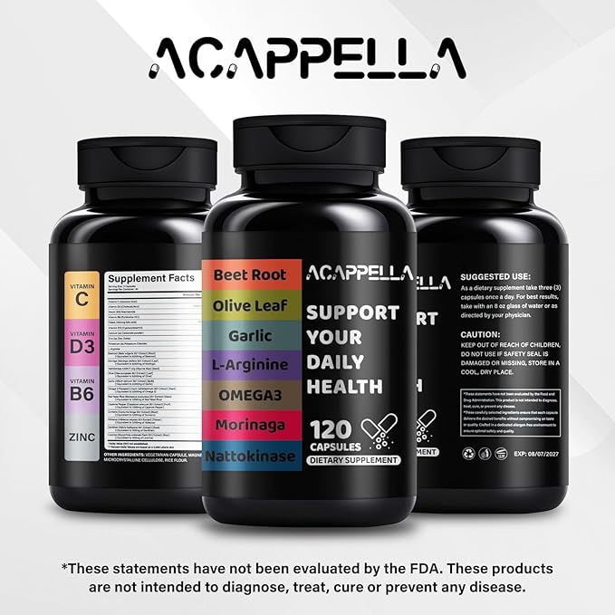 ACAPPELLA Beetroot, Olive Leaf, Garlic, L-Arginine, Omega-3, Morinaga, Nattokinase Supplements, Beetroot Capsules with Vitamin Complexes (1)