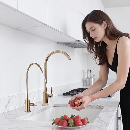 VEVOR Water Filter Faucet, SUS 304 RO Faucet, Lead-Free Solid Brass Valve Drinking Water Faucet, Fit Most Reverse Osmosis and Water Filtration System, Kitchen Filtered Water Tap, Brushed Gold