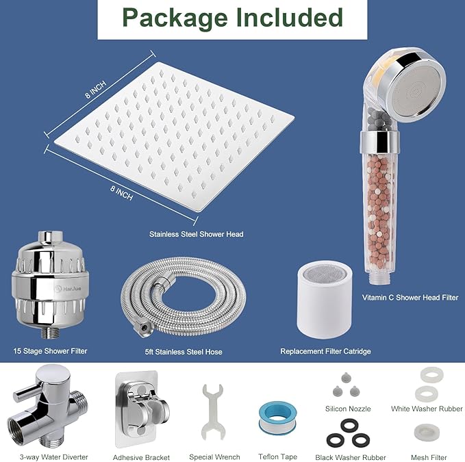 HarJue Filter Shower Head, High Pressure 8 Inch Rainfull with Filter Combo for Hard Water, Remove Chlorine Fluoride and Harmful Substances- 1 Replaceable Filter Cartridge (Square, Chrome)