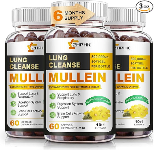 Mullein Leaf Extract for Lungs Softgels, Lung Detox for Smokers， Lung Cleanse Respiratory Lung Support, Herbal Supplements, Vegan, Non-GMO, Immune Digestive Support, 180-Count, 180 Days Supply