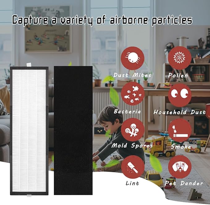 NKA 2-Pack T500 Air Purifier Filter Replacement - Compatible with TF60/TF60-MP, for Breathe Smart Tower Air Purifier，Includes 2 High-Efficiency Filters & 2 Carbon Pre-Filters