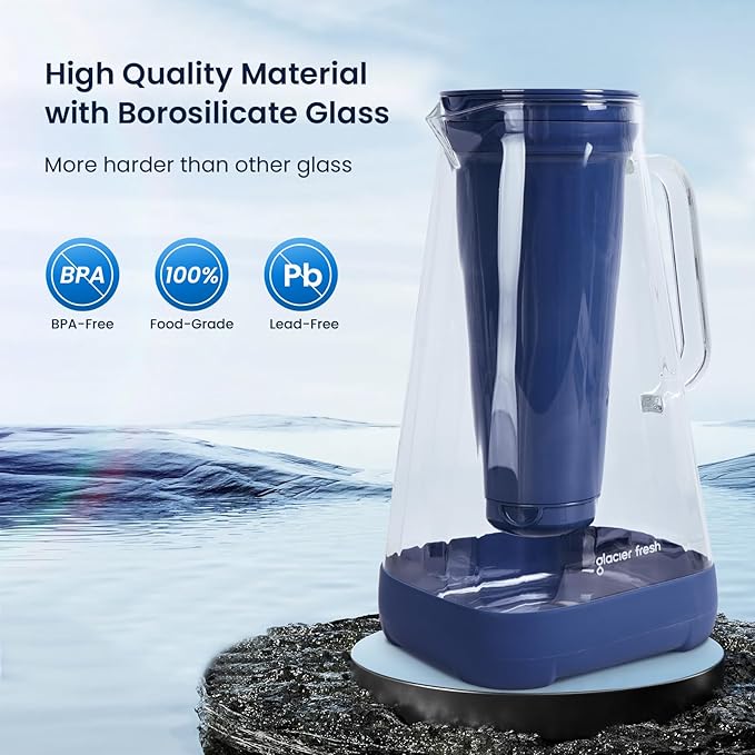 GLACIER FRESH 10 Cup Glass Water Pitcher with 1.6X Flow Rate Upgraded Ultrafiltration Membrane and Activated Carbon Filter, Reduces 99% Chlorine, PFOA&PFOS, Coliforms, Blue