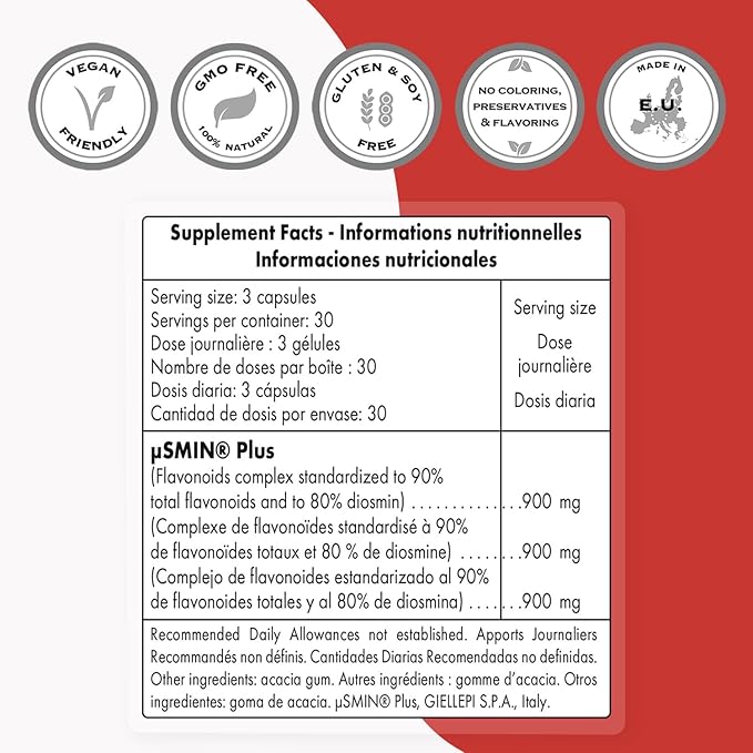 Supersmart - Super Diosmin 900mg per Day (Patented Micronized Diosmin) - Diosmin from Hesperidin - 90% Flavonoid Complex Supplement | Non-GMO & Gluten Free - 90 Vegetarian Capsules