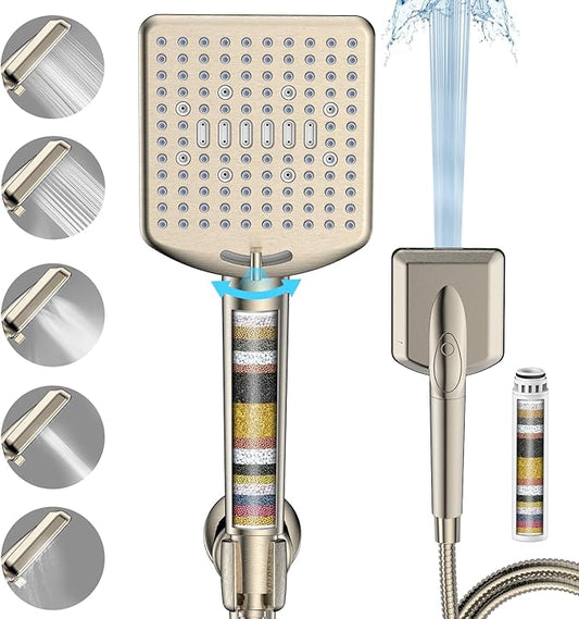 Filtered Shower Head with Handheld Brushed Nickel - High Pressure 6 Modes, 120 Anti-clog Nozzles, Detachable Showerhead with Hard Water Filters, Extra Long 6ft Hose, Power Wash Mode