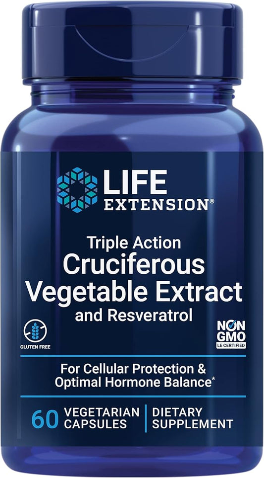 Life Extension Triple Action Cruciferous Vegetable Extract & Resveratrol, Broccoli, Cabbage, resveratrol, Supports Cellular Protection, Gluten-Free, Non-GMO, Vegetarian, 60 Capsules