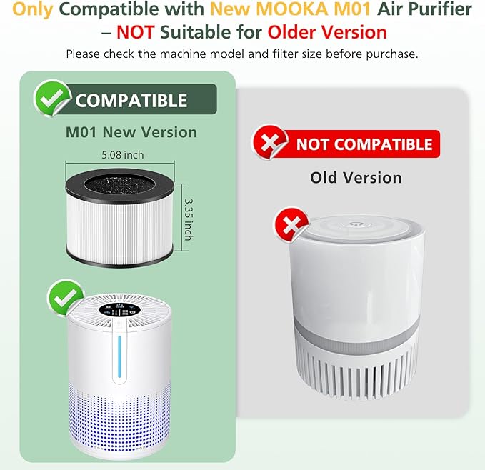 M01 Replacement Filter Only Compatible with MOOKA M01 Air Purifier, 3-in-1 Pre-Filter, HEPA Filter, High-Efficiency Activated Carbon Filter Filtration System, 2 Pack
