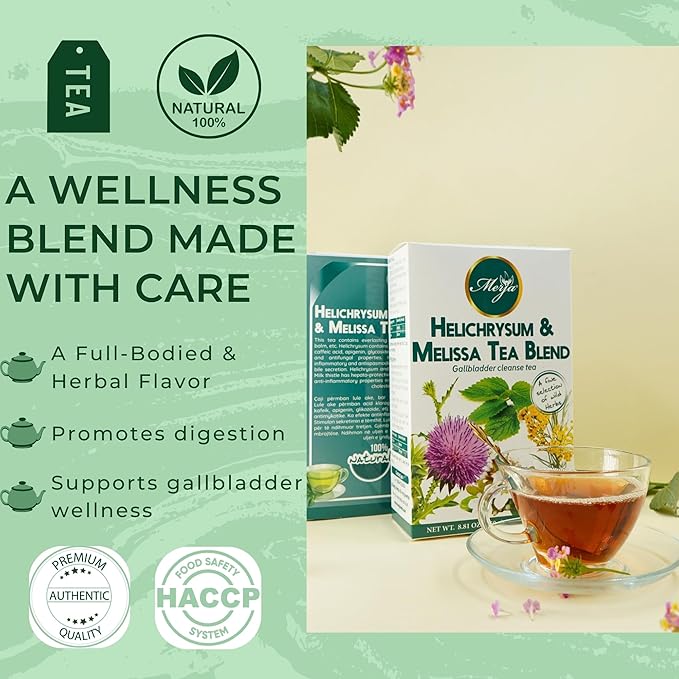 Merja Herbs Helichrysum & Melissa Tea - Gall bladder Support & Cleanse - Caffeine Free - 100% Natural & Premium Quality 250gr 8.82 oz