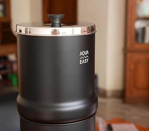 AquaEasy NSF/ANSI 372 Certified Stainless Steel Gravity Water Filter System (2.25 Gallon) 2X Activated Carbon Filter, Stainless Steel Tap and Wooden Stand | Countertop Water Filtration System (Black)