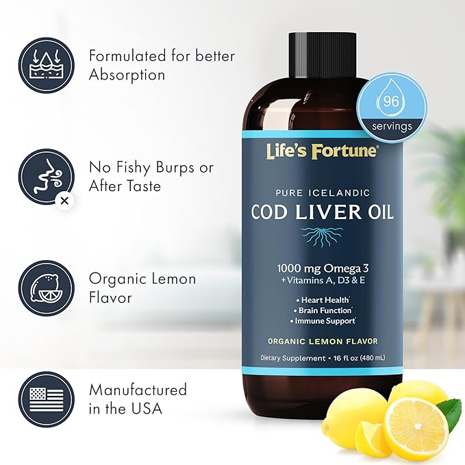 Life's Fortune Cod Liver Oil Liquid Lemon Flavor Organic Supplement with DHA, EPA 1000 mg High Potency Omega-3s + Vitamin A, E & D3 - Supports Immune, Joints, Eyes, 16 Fl Oz (Pack of 1)